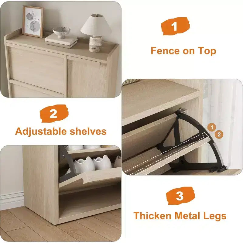 Meuble à chaussures GustoWave avec 3 tiroirs basculants, Organisateur de chaussures dissimulé avec étagères réglables, Meuble à chaussures autonome en bois