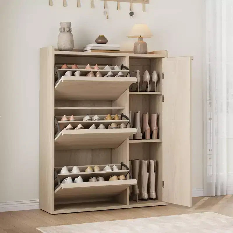 Meuble à chaussures GustoWave avec 3 tiroirs basculants, Organisateur de chaussures dissimulé avec étagères réglables, Meuble à chaussures autonome en bois