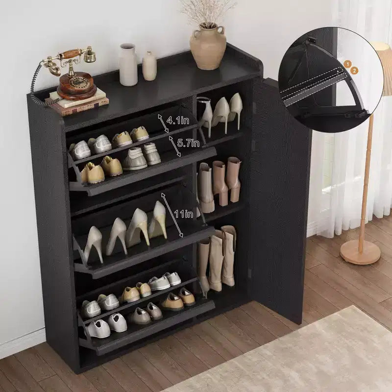 Meuble à chaussures GustoWave avec 3 tiroirs basculants, Organisateur de chaussures dissimulé avec étagères réglables, Meuble à chaussures autonome en bois