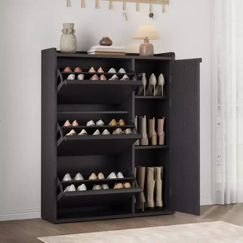 Meuble à chaussures GustoWave avec 3 tiroirs basculants, Organisateur de chaussures dissimulé avec étagères réglables, Meuble à chaussures autonome en bois