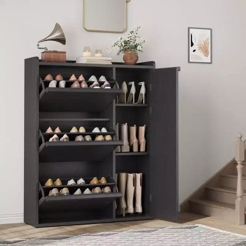Meuble à chaussures GustoWave avec 3 tiroirs basculants, Organisateur de chaussures dissimulé avec étagères réglables, Meuble à chaussures autonome en bois