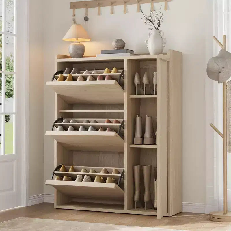 Meuble à chaussures GustoWave avec 3 tiroirs basculants, Organisateur de chaussures dissimulé avec étagères réglables, Meuble à chaussures autonome en bois