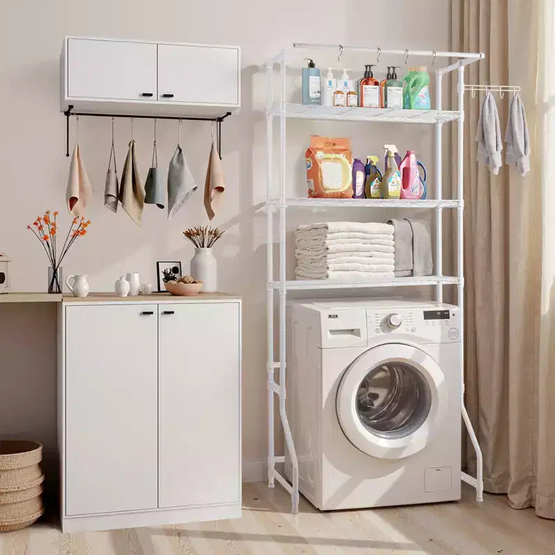 VEVOR Étagère de Rangement au-dessus Lave-Linge et Sèche-Linge, Étagère de Séchage pour Buanderie à 3 Niveaux avec Tringle à Vêtements et Crochets, Étagère de Machine à Laver à Rangée Simple, Blanc