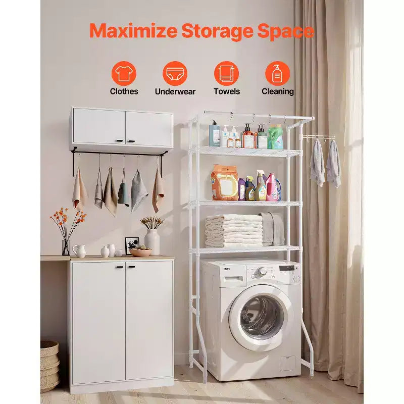 VEVOR Étagère de Rangement au-dessus Lave-Linge et Sèche-Linge, Étagère de Séchage pour Buanderie à 3 Niveaux avec Tringle à Vêtements et Crochets, Étagère de Machine à Laver à Rangée Simple, Blanc