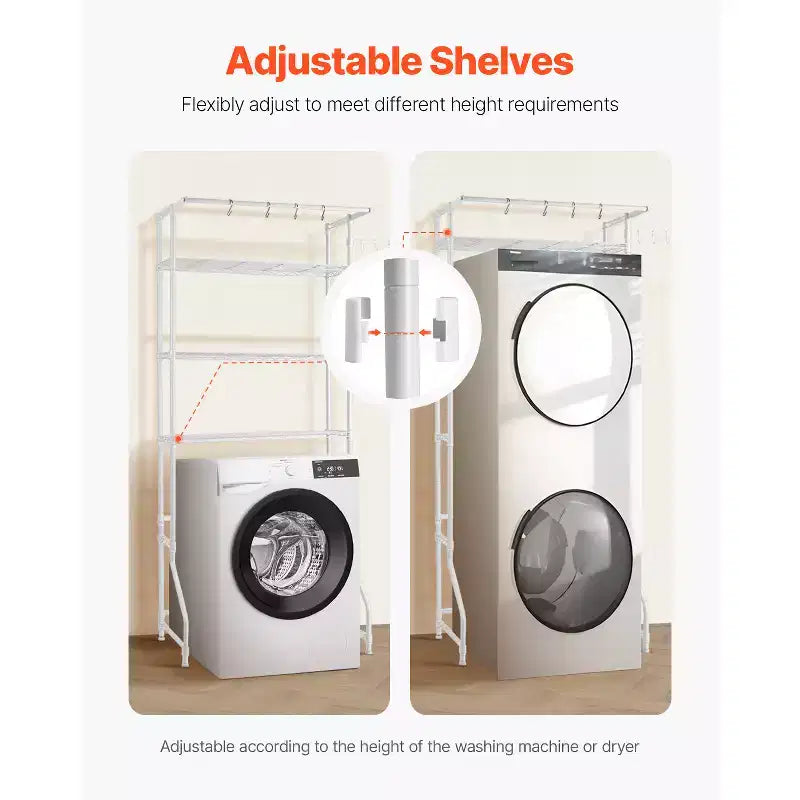 VEVOR Étagère de Rangement au-dessus Lave-Linge et Sèche-Linge, Étagère de Séchage pour Buanderie à 3 Niveaux avec Tringle à Vêtements et Crochets, Étagère de Machine à Laver à Rangée Simple, Blanc