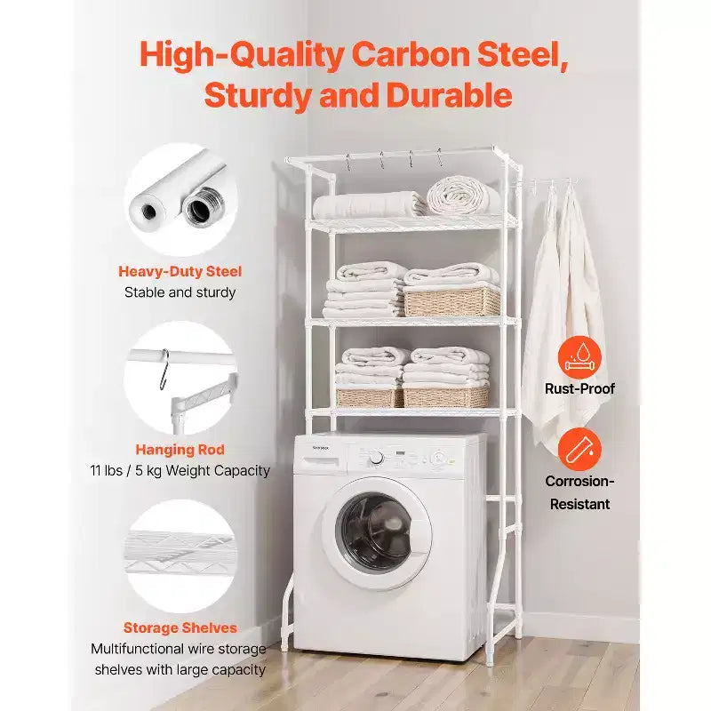 VEVOR Étagère de Rangement au-dessus Lave-Linge et Sèche-Linge, Étagère de Séchage pour Buanderie à 3 Niveaux avec Tringle à Vêtements et Crochets, Étagère de Machine à Laver à Rangée Simple, Blanc