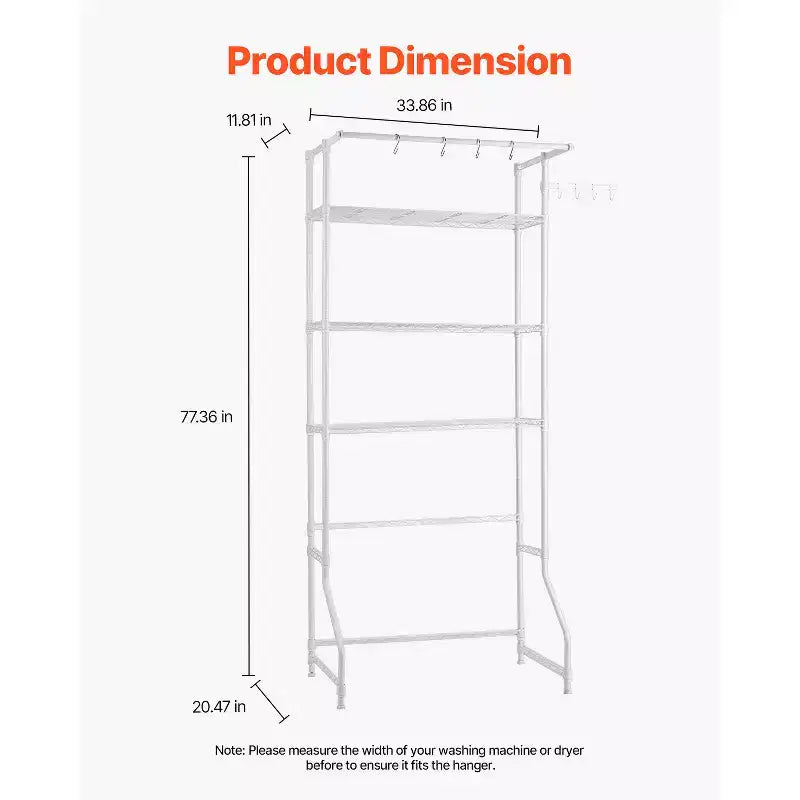 VEVOR Étagère de Rangement au-dessus Lave-Linge et Sèche-Linge, Étagère de Séchage pour Buanderie à 3 Niveaux avec Tringle à Vêtements et Crochets, Étagère de Machine à Laver à Rangée Simple, Blanc