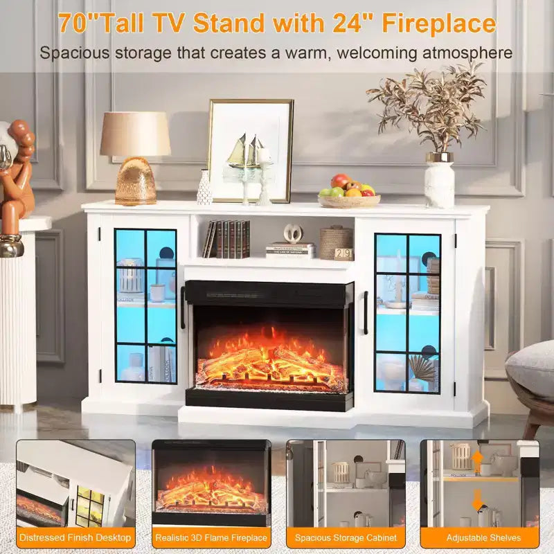 Meuble TV avec cheminée en verre à 3 côtés de 150 cm pour téléviseurs jusqu'à 65 pouces, console média rustique avec lumières LED, rangement avec portes vitrées, meuble TV blanc patiné