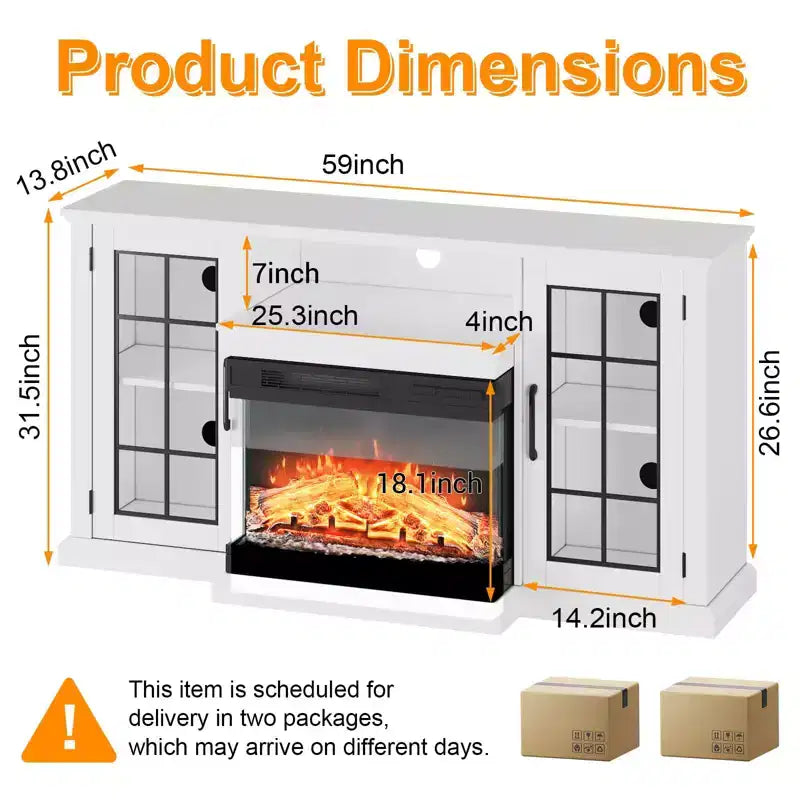 Meuble TV avec cheminée en verre à 3 côtés de 150 cm pour téléviseurs jusqu'à 65 pouces, console média rustique avec lumières LED, rangement avec portes vitrées, meuble TV blanc patiné