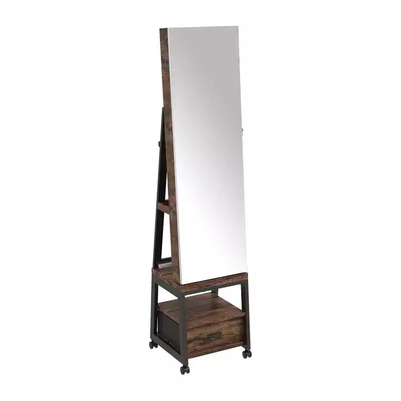 Armoire à bijoux pivotante, armoire à bijoux sur pied verrouillable avec miroir pleine longueur, tiroir inférieur, étagère, roulettes, armoire à bijoux blanche