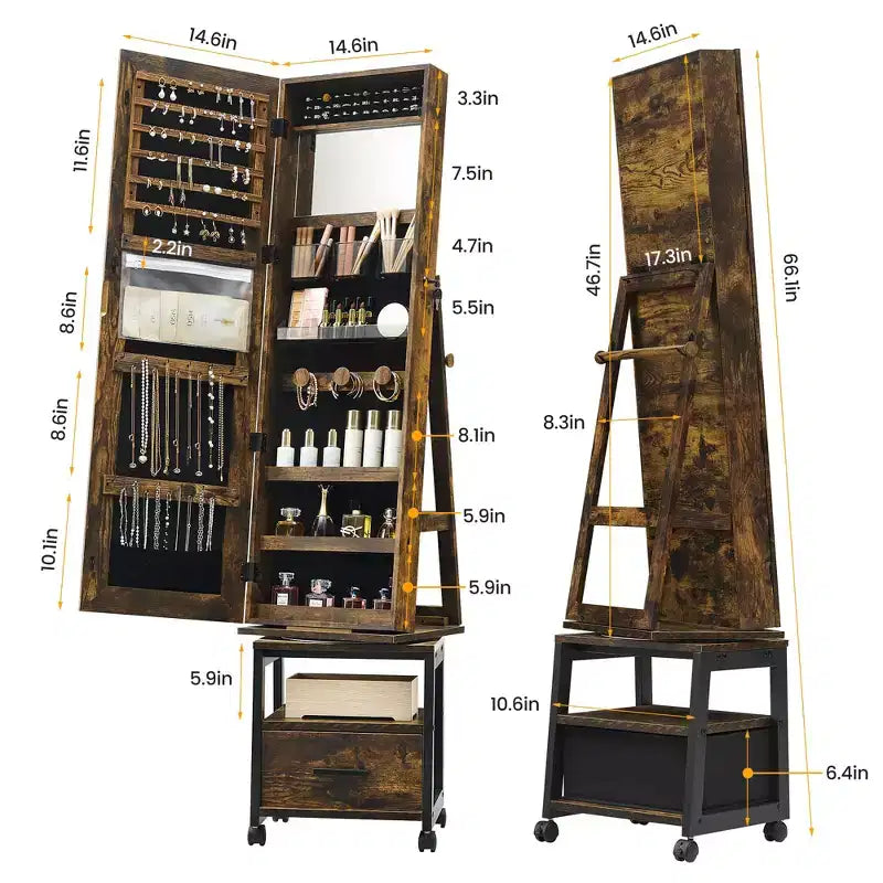 Armoire à bijoux pivotante, armoire à bijoux sur pied verrouillable avec miroir pleine longueur, tiroir inférieur, étagère, roulettes, armoire à bijoux blanche