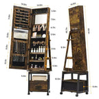 Armoire à bijoux pivotante, armoire à bijoux sur pied verrouillable avec miroir pleine longueur, tiroir inférieur, étagère, roulettes, armoire à bijoux blanche