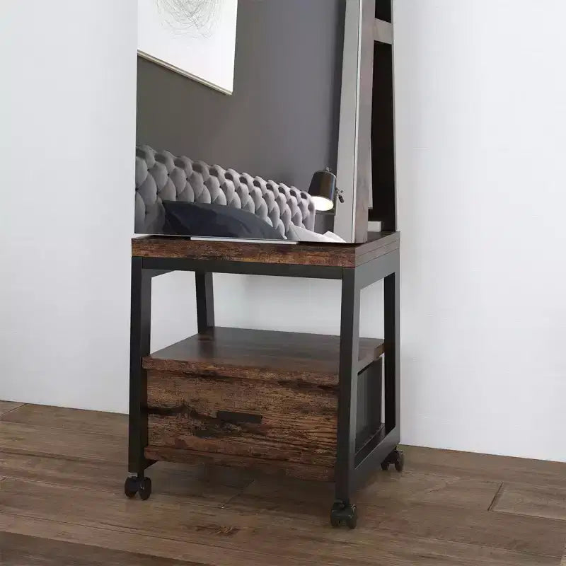 Armoire à bijoux pivotante, armoire à bijoux sur pied verrouillable avec miroir pleine longueur, tiroir inférieur, étagère, roulettes, armoire à bijoux blanche