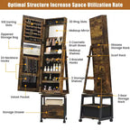 Armoire à bijoux pivotante, armoire à bijoux sur pied verrouillable avec miroir pleine longueur, tiroir inférieur, étagère, roulettes, armoire à bijoux blanche