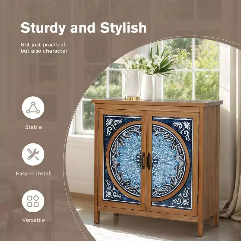 Captiva Designs Meuble de Rangement d'Appoint 2 Portes Effet Vieilli avec Motif Porcelaine Bleue et Blanche pour Entrée Salon