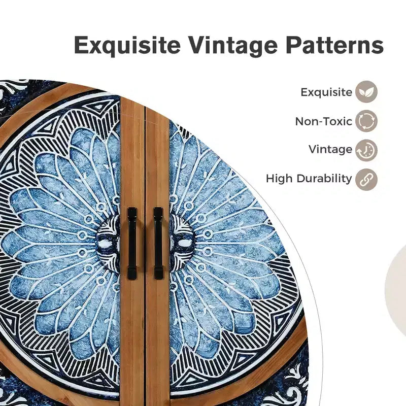 Captiva Designs Meuble de Rangement d'Appoint 2 Portes Effet Vieilli avec Motif Porcelaine Bleue et Blanche pour Entrée Salon