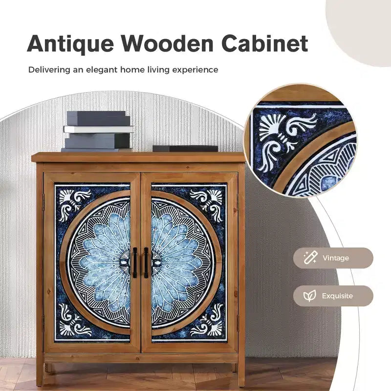 Captiva Designs Meuble de Rangement d'Appoint 2 Portes Effet Vieilli avec Motif Porcelaine Bleue et Blanche pour Entrée Salon