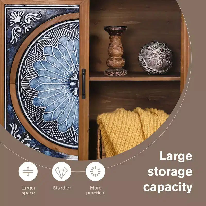 Captiva Designs Meuble de Rangement d'Appoint 2 Portes Effet Vieilli avec Motif Porcelaine Bleue et Blanche pour Entrée Salon