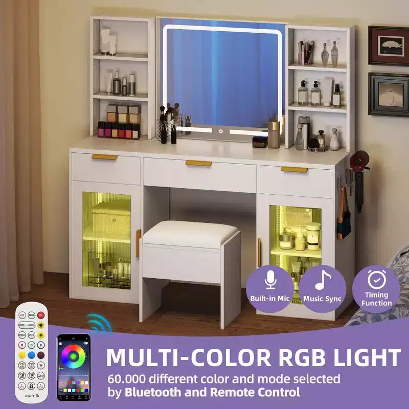 Coiffeuse moderne avec tabouret Table de maquillage Miroir LED éclairé Armoires en verre RVB 3 tiroirs Étagères pour Chambre à coucher Salle d'habillage