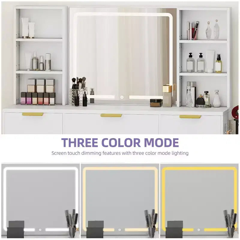 Coiffeuse moderne avec tabouret Table de maquillage Miroir LED éclairé Armoires en verre RVB 3 tiroirs Étagères pour Chambre à coucher Salle d'habillage