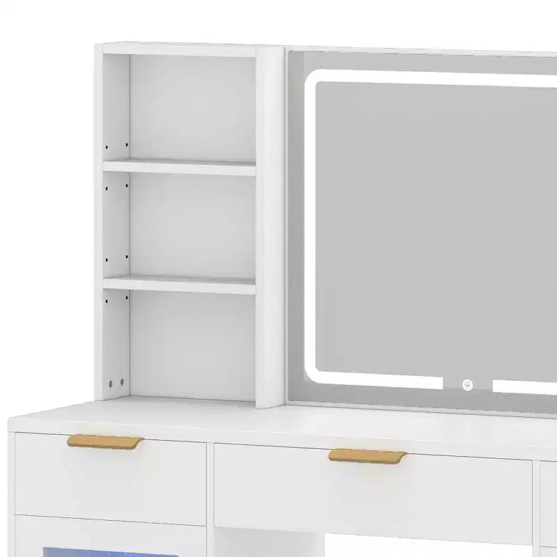 Coiffeuse moderne avec tabouret Table de maquillage Miroir LED éclairé Armoires en verre RVB 3 tiroirs Étagères pour Chambre à coucher Salle d'habillage