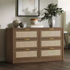 COZONY 53 Rattan Dresser for Bedroom, 6-Drawer Boho Chest of Drawers, Large Wooden Storage Cabinet & TV Stand with Metal Handles