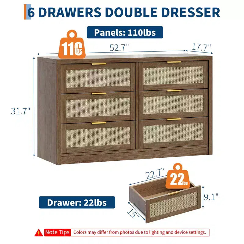 COZONY 53 Commode en rotin pour chambre à coucher, commode bohème à 6 tiroirs, grand meuble de rangement en bois et meuble TV avec poignées métalliques