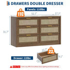 COZONY 53 Commode en rotin pour chambre à coucher, commode bohème à 6 tiroirs, grand meuble de rangement en bois et meuble TV avec poignées métalliques