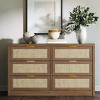 COZONY 53 Commode en rotin pour chambre à coucher, commode bohème à 6 tiroirs, grand meuble de rangement en bois et meuble TV avec poignées métalliques