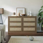 COZONY 53 Commode en rotin pour chambre à coucher, commode bohème à 6 tiroirs, grand meuble de rangement en bois et meuble TV avec poignées métalliques