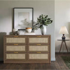 COZONY 53 Commode en rotin pour chambre à coucher, commode bohème à 6 tiroirs, grand meuble de rangement en bois et meuble TV avec poignées métalliques