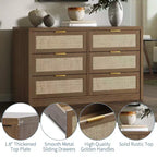 COZONY 53 Commode en rotin pour chambre à coucher, commode bohème à 6 tiroirs, grand meuble de rangement en bois et meuble TV avec poignées métalliques