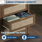 COZONY 53 Commode en rotin pour chambre à coucher, commode bohème à 6 tiroirs, grand meuble de rangement en bois et meuble TV avec poignées métalliques