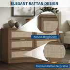 COZONY 53 Commode en rotin pour chambre à coucher, commode bohème à 6 tiroirs, grand meuble de rangement en bois et meuble TV avec poignées métalliques