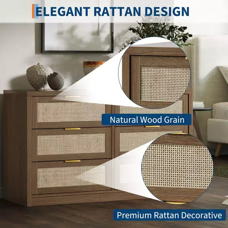 COZONY 53 Commode en rotin pour chambre à coucher, commode bohème à 6 tiroirs, grand meuble de rangement en bois et meuble TV avec poignées métalliques