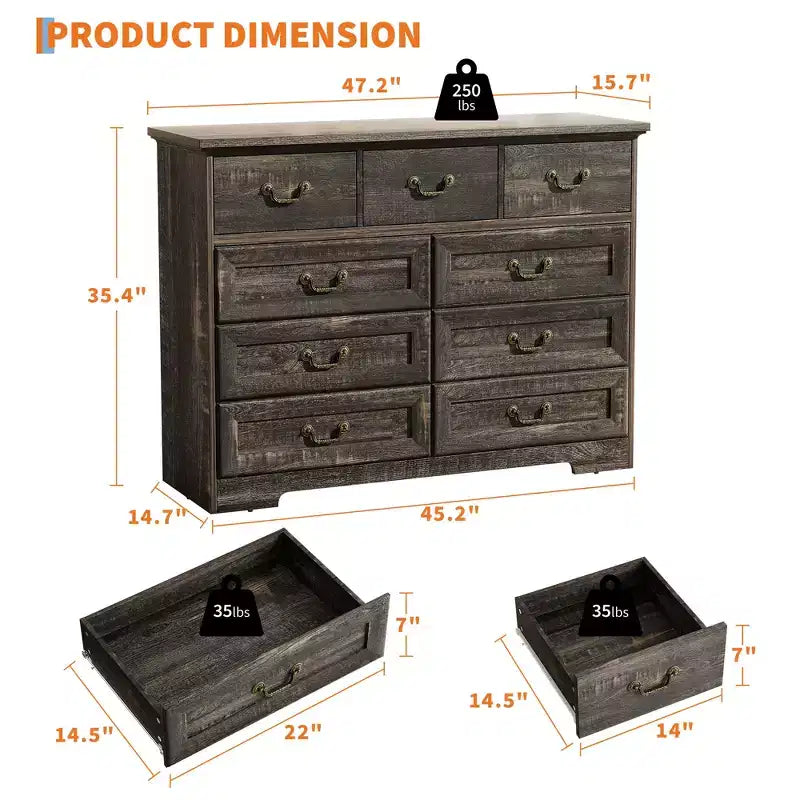 COZONY 47 Commode vintage à 9 tiroirs pour chambre, commode en bois avec texture de bois naturel, grand organisateur de rangement pour placard, salon