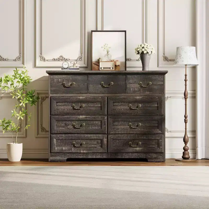 COZONY 47 Commode vintage à 9 tiroirs pour chambre, commode en bois avec texture de bois naturel, grand organisateur de rangement pour placard, salon