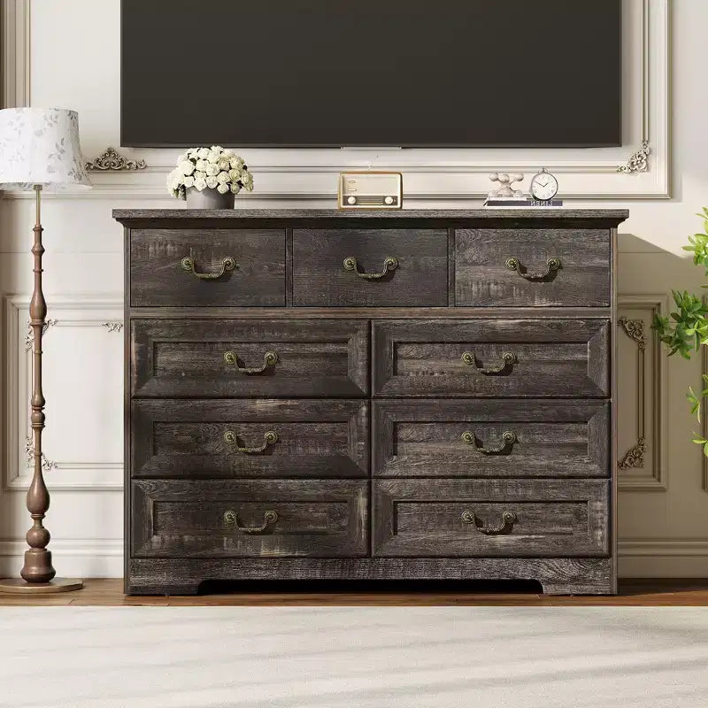 COZONY 47 Commode vintage à 9 tiroirs pour chambre, commode en bois avec texture de bois naturel, grand organisateur de rangement pour placard, salon