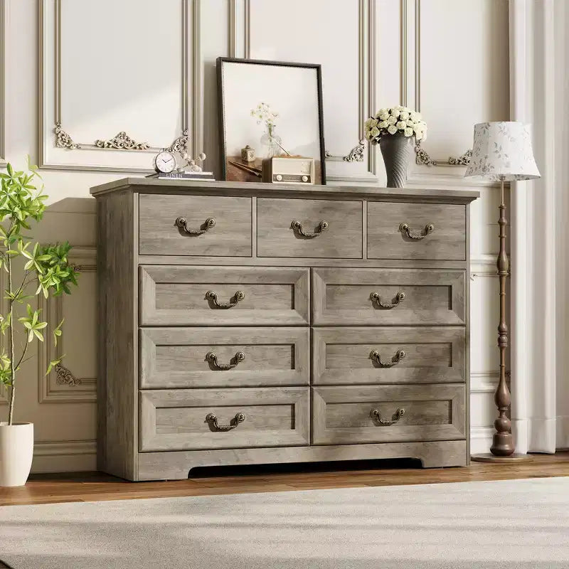 COZONY 47 Commode vintage à 9 tiroirs pour chambre, commode en bois avec texture de bois naturel, grand organisateur de rangement pour placard, salon