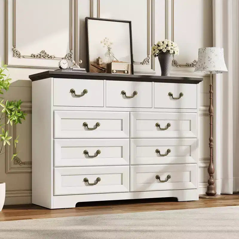 COZONY 47 Commode vintage à 9 tiroirs pour chambre, commode en bois avec texture de bois naturel, grand organisateur de rangement pour placard, salon