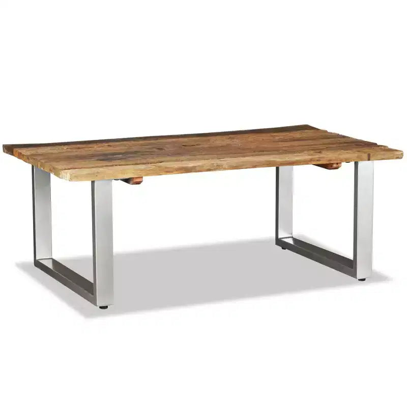 Table basse multicolore en bois de récupération massif et fer forgé