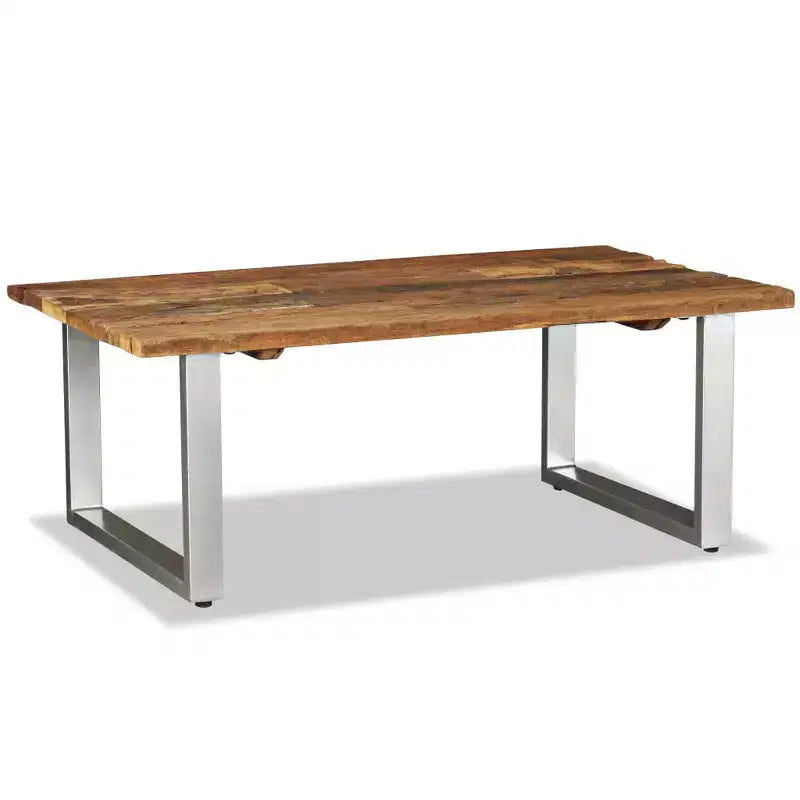 Table basse multicolore en bois de récupération massif et fer forgé