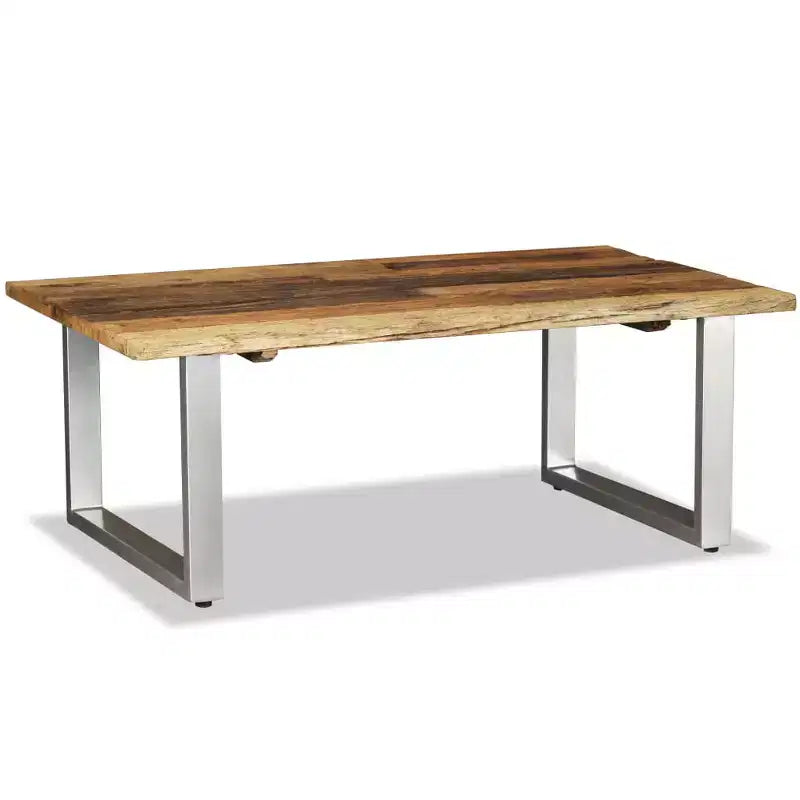 Table basse multicolore en bois de récupération massif et fer forgé