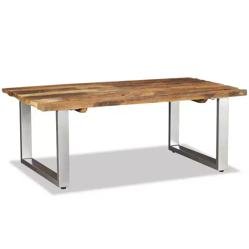 Table basse multicolore en bois de récupération massif et fer forgé