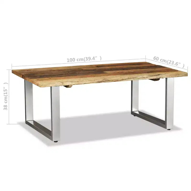 Table basse multicolore en bois de récupération massif et fer forgé