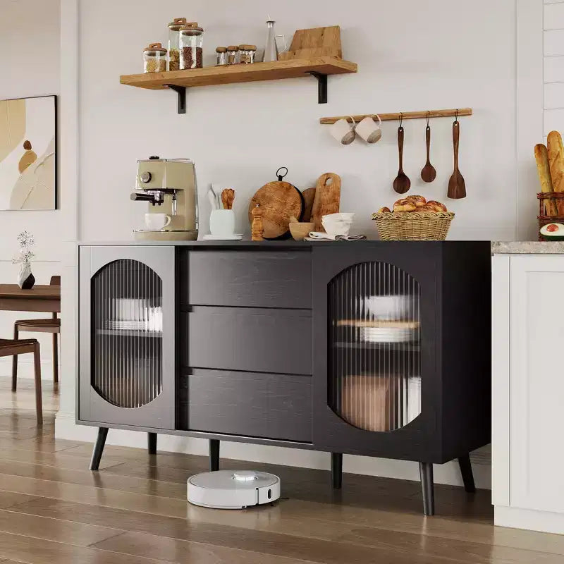 Buffet GustoWave de 133,9 cm avec Rangement, Buffet avec Portes Coulissantes en Verre Cannelé et Tiroirs, Buffet Noir pour Cuisine