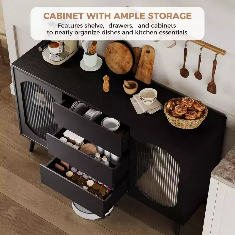 Buffet GustoWave de 133,9 cm avec Rangement, Buffet avec Portes Coulissantes en Verre Cannelé et Tiroirs, Buffet Noir pour Cuisine