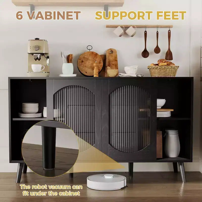 Buffet GustoWave de 133,9 cm avec Rangement, Buffet avec Portes Coulissantes en Verre Cannelé et Tiroirs, Buffet Noir pour Cuisine