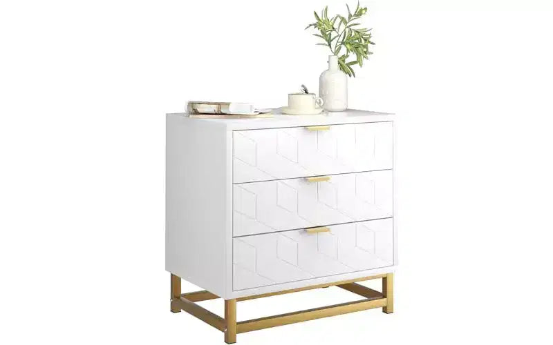 Organisateur en bois blanc à 3 tiroirs avec poignées en métal doré C Commode élégante