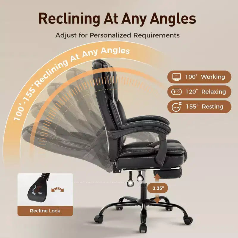 Chaise de bureau ergonomique Captiva Designs Executive, grande taille, pivotante avec repose-pieds et fonction d'inclinaison, noire